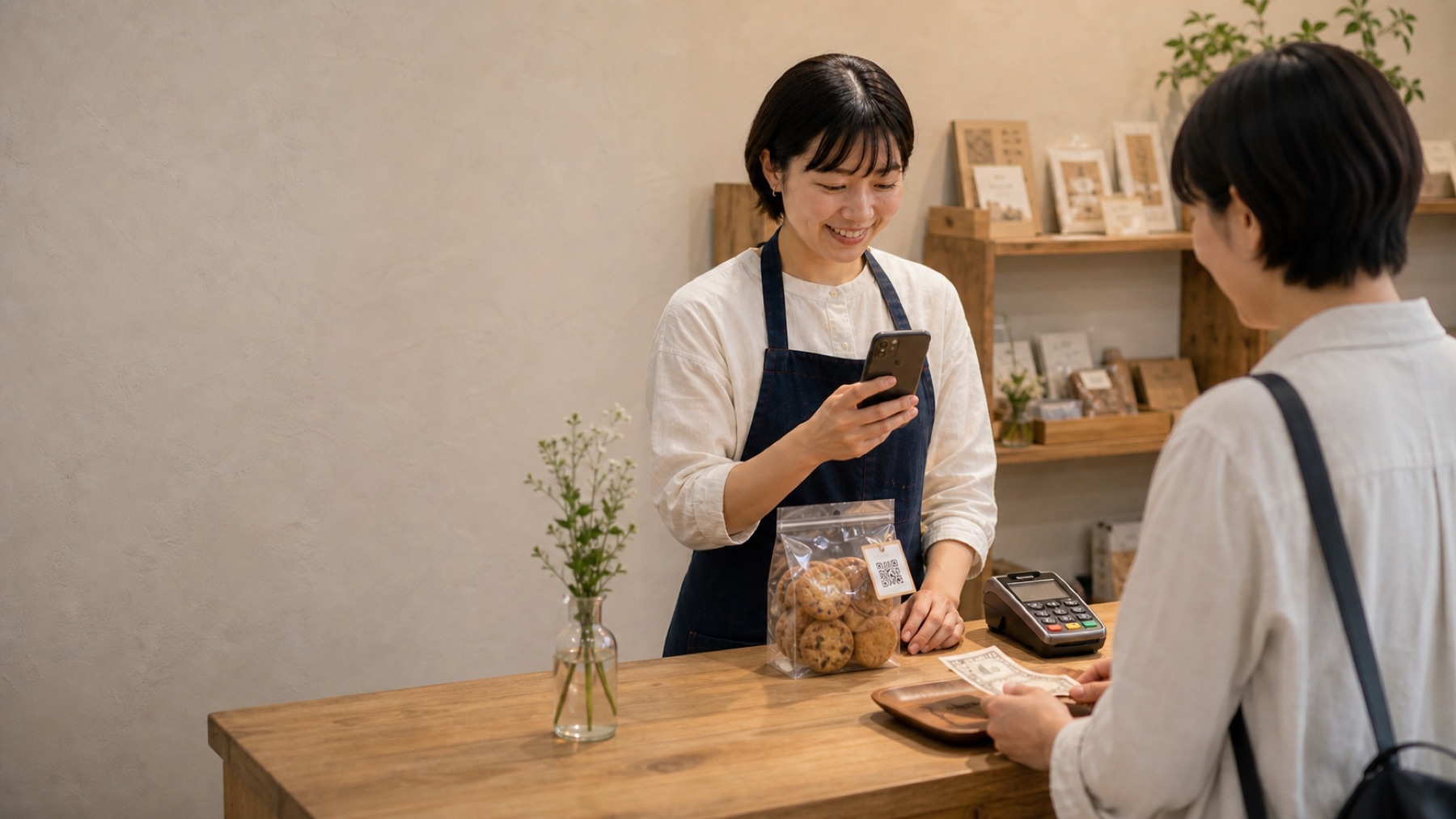店員が商品QRを読み取り、お客様は現金やカード端末など別の方法で支払うQR会計レジの使用イメージ