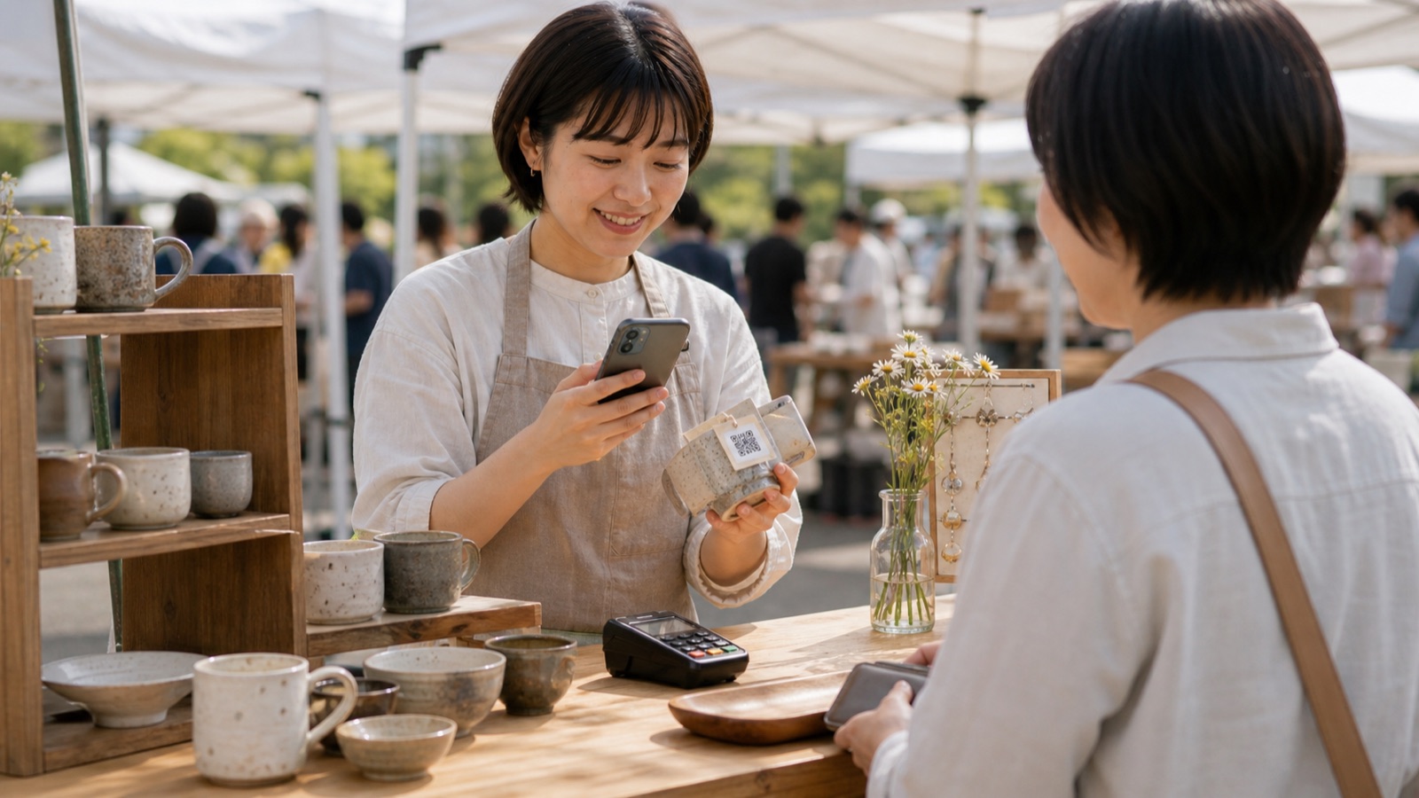 マルシェでハンドメイド商品QRを読み取る小規模店舗向けQRレジの使用イメージ