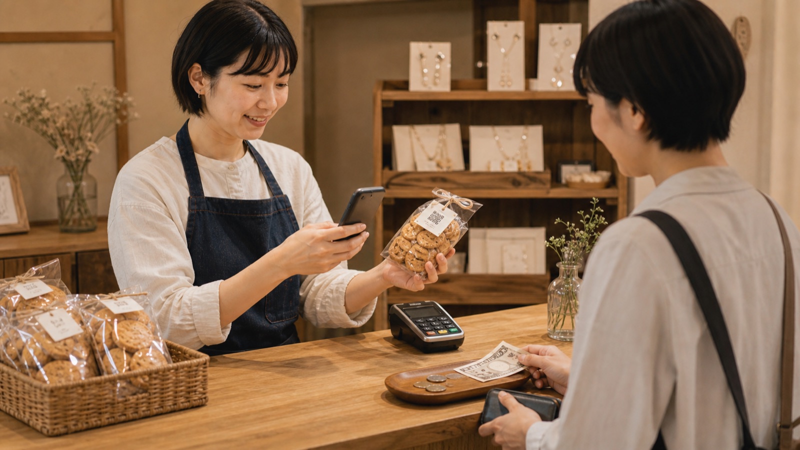 一人店長の小さなお店で商品QRを読み取る簡単QRレジの使用イメージ