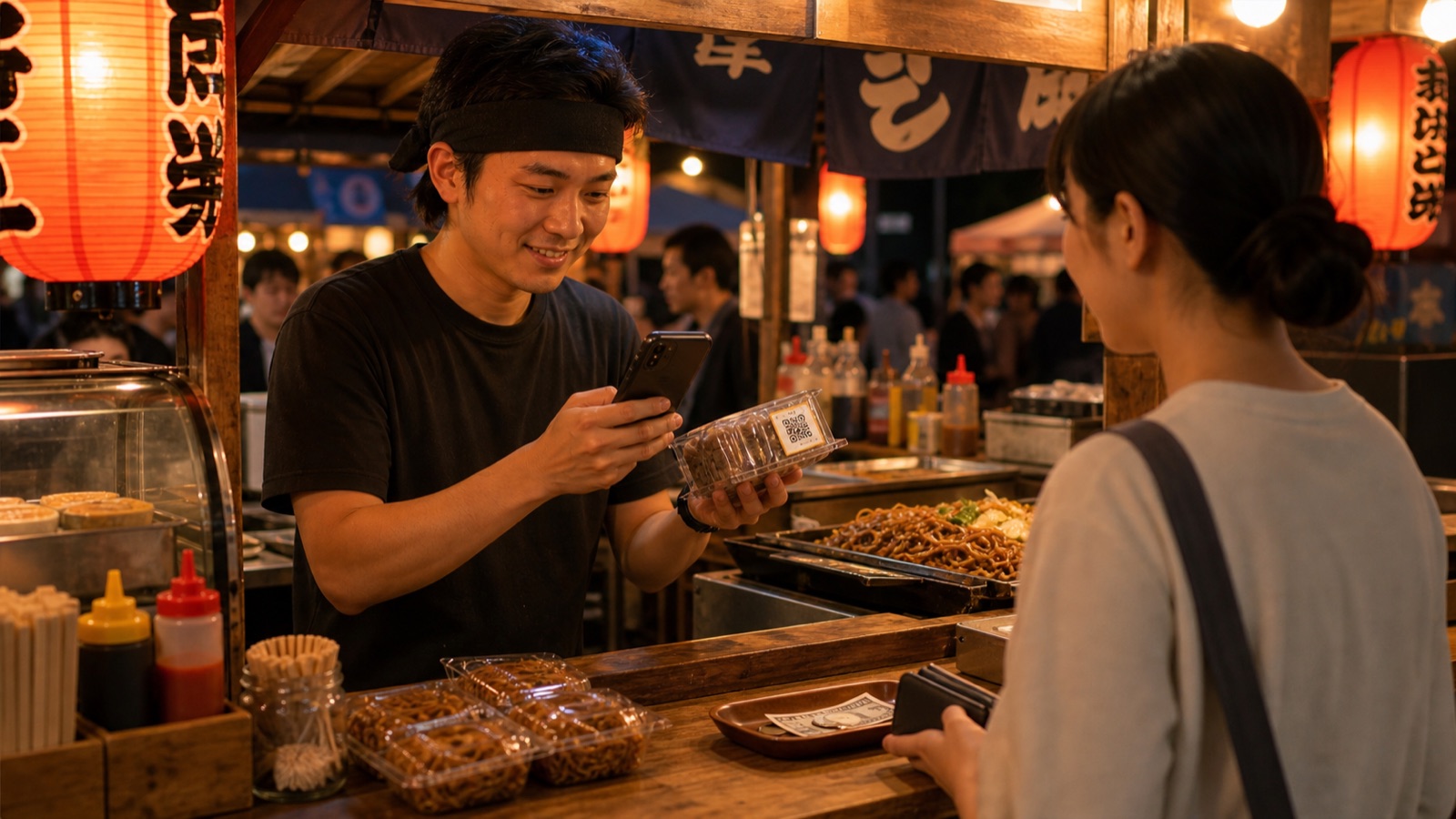 屋台で商品QRを読み取って会計するQRレジアプリの使用イメージ